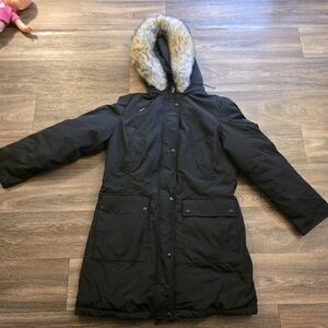 Calvin Klein Black Hooded Puffer Coat with Faux-Fur Trim